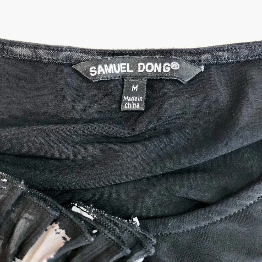 Samuel Dong pleated chiffon front dress stretch jersey cap sleeve black white M - Picture 7 of 10